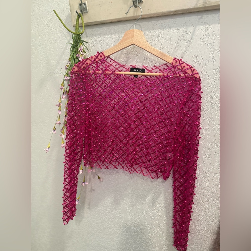 Julia Pink Beaded Mesh Top